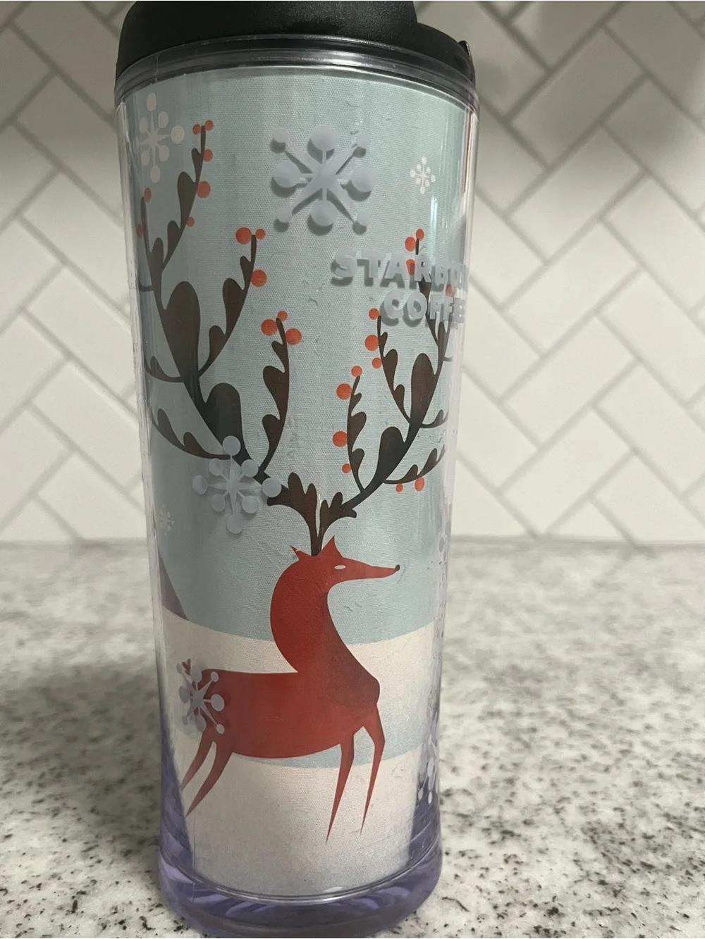 Starbucks Coffee 2010 Holiday Reindeer Winter Travel Tumbler Black Lid 16 oz